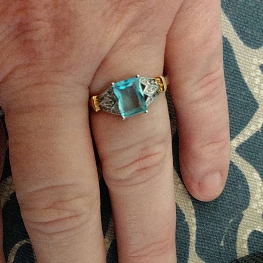 925 silver and gold art deco style aquamarine ring